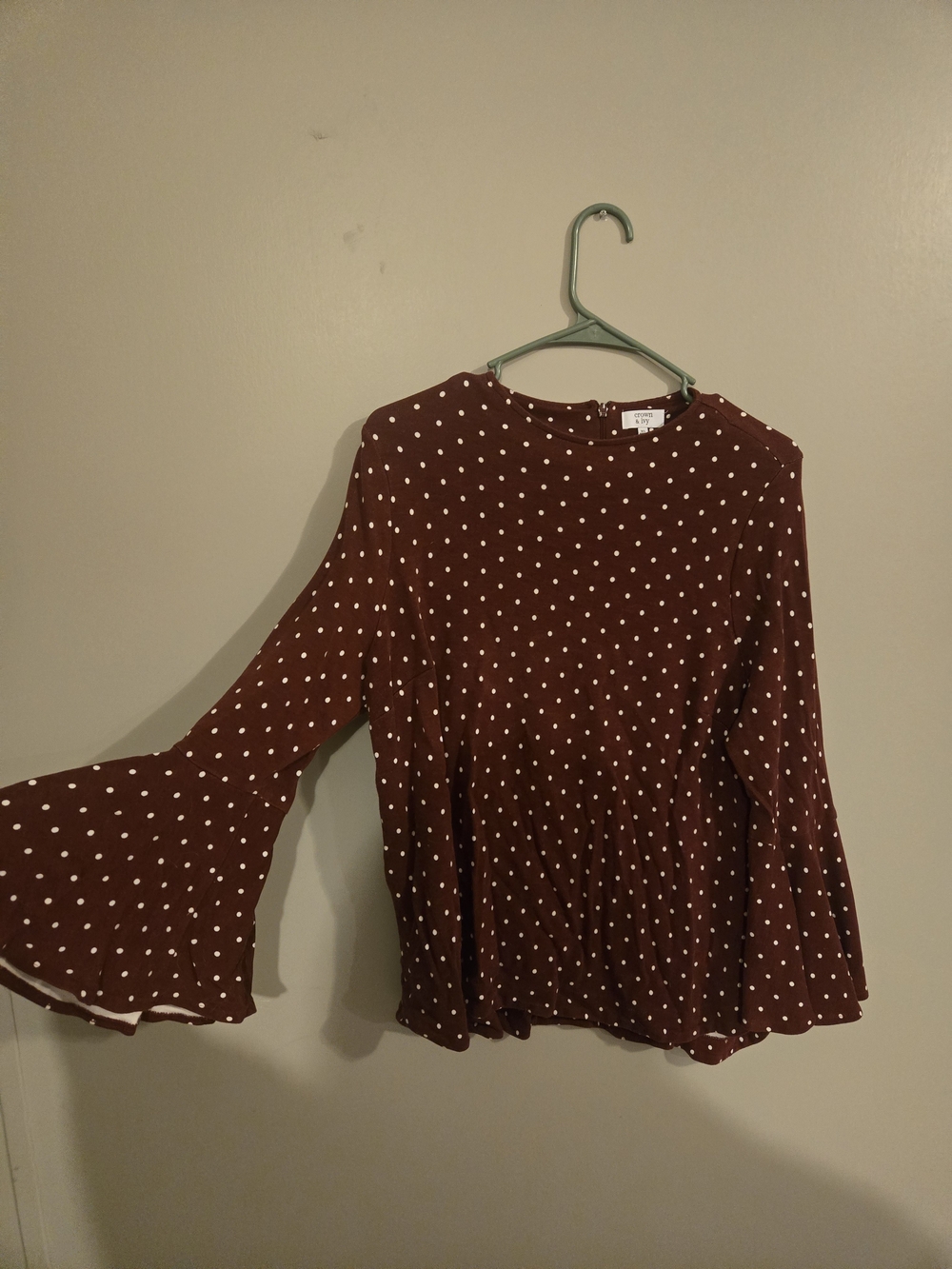 Crown & Ivy Burgundy Polka Dot Bell Sleeve Blouse